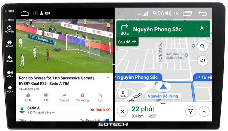 Màn hình Android Gotech G360 chia đôi màn hình chạy đa nhiệm mượt mà