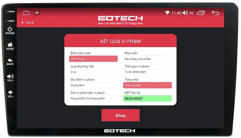 Tra cứu phạt nguội ngay trên Màn hình Android Gotech G4
